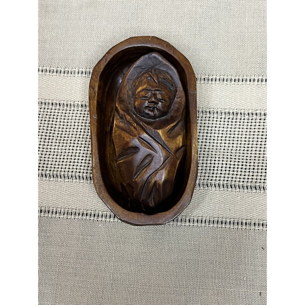 Hand Carved Wooden Baby Moses And Basket